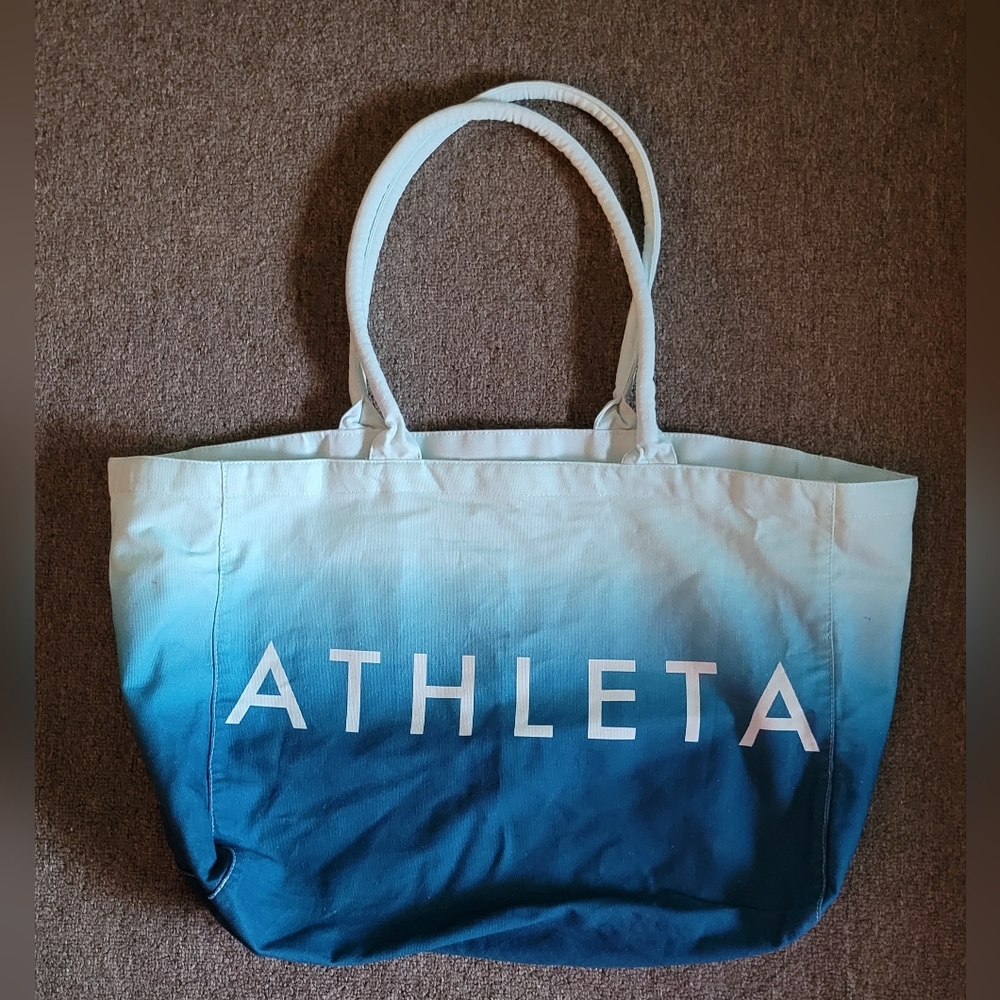 ATHLETA Tote Bag Large Blue Ombre Cotton Canvas Gym Bag Beach Bag Roomy